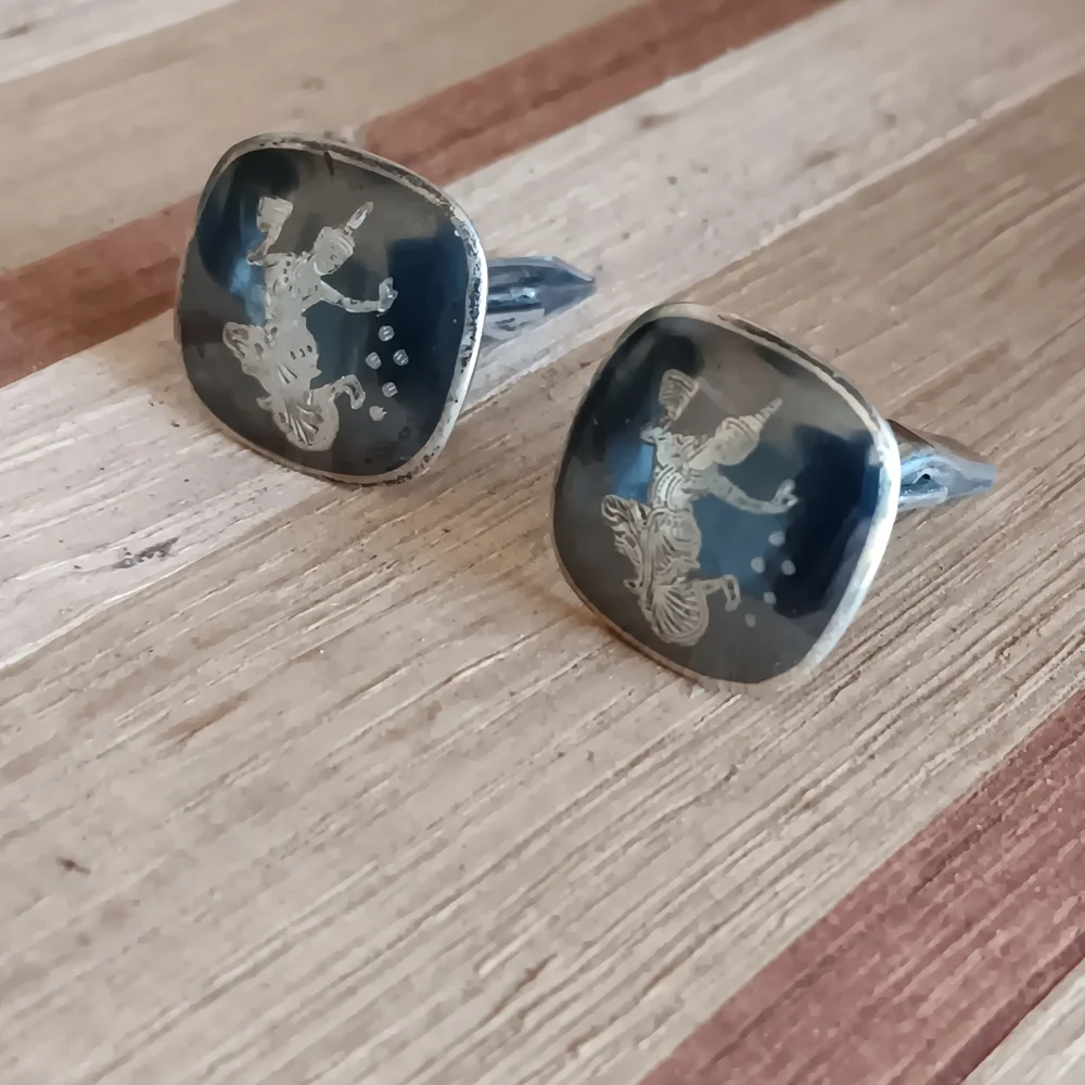 Vintage Siam Sterling Silver Niello Cufflinks Thailand Goddess Dancer Mythology